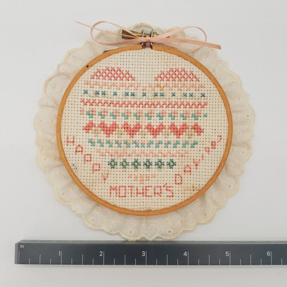 Vintage 1982 Mother's Day Cross Stitch Heart Wall Hanging Lace Cottagecore Decor